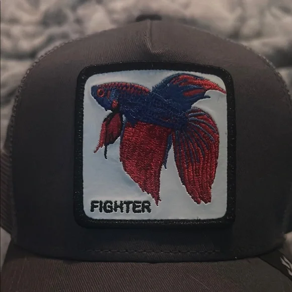 Goorin Bros Trucker Hat, The Farm Collection. Gray w/Fighter Fish Patch